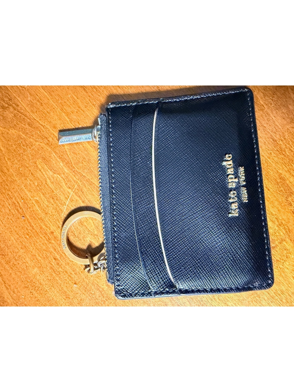 Kate Spade New York Black Saffiano Leather Zip Card Holder Wallet with Key Ring